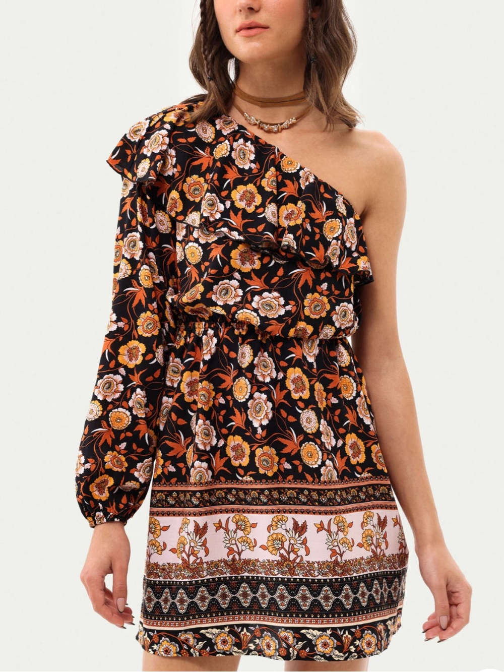 Floral One-Shoulder Ruffled Mini Dress - Black & Orange